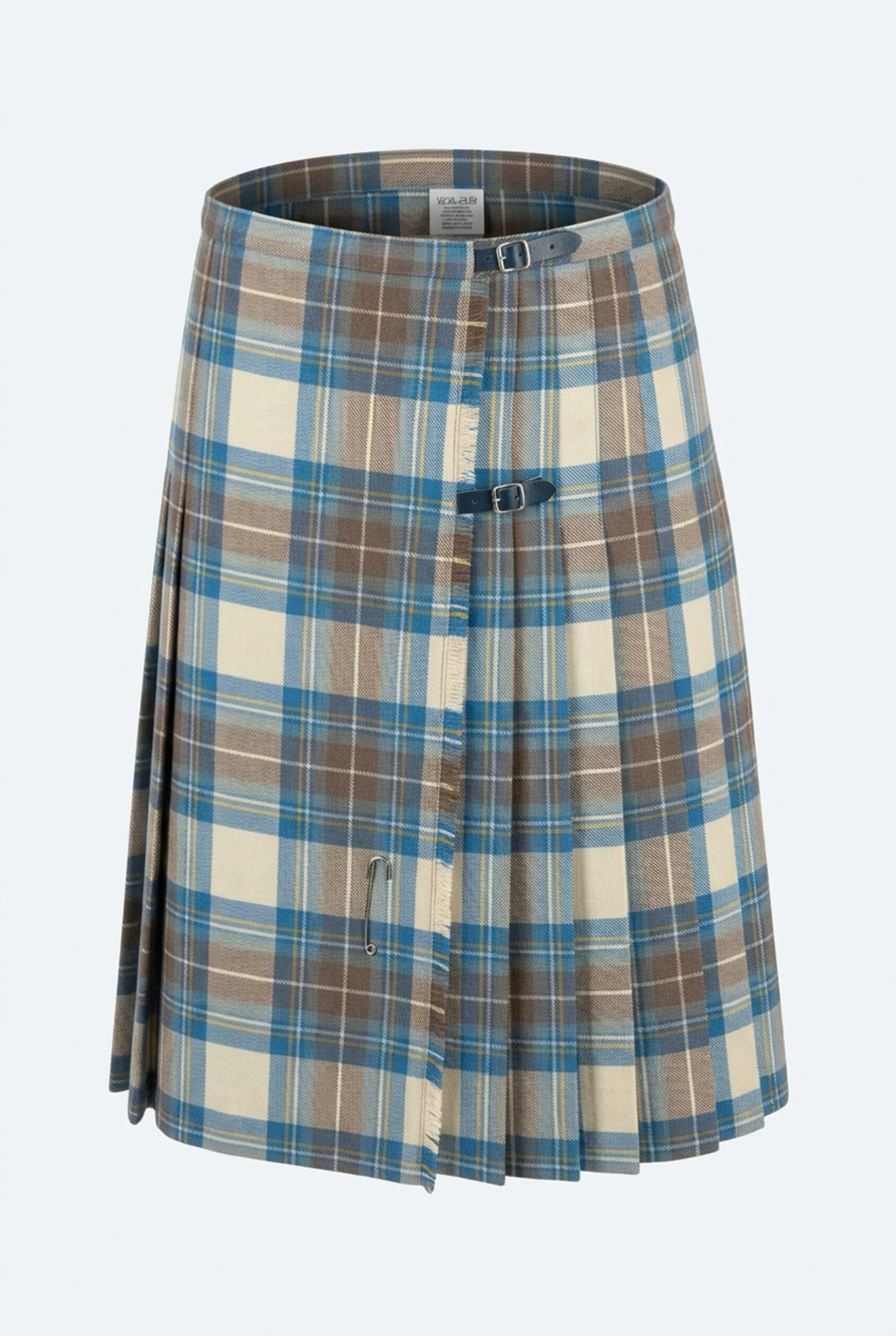 Blue and Brown Plaid Pleated Kilt Skirt with Buckles and Safety Pin
